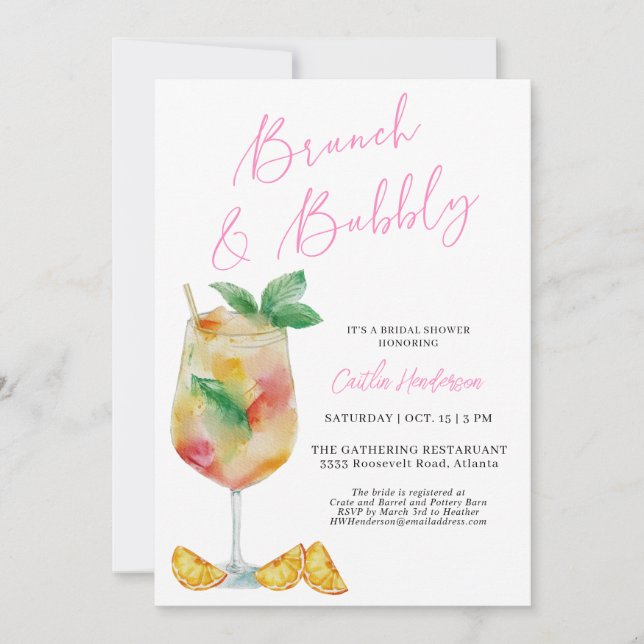 Invitation Brunch rose et Fête des mariées champagne Bubbly (Devant)