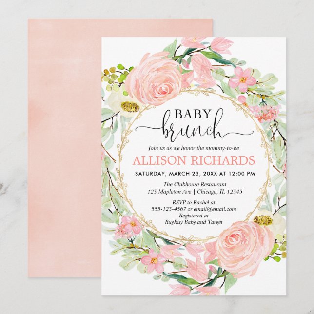 Invitation Brunch rose et or bleu fille baby shower floral (Devant / Derrière)