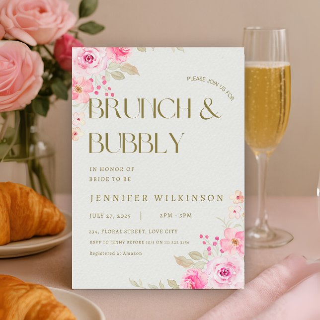 Invitation Brunch rose et or & Fête des mariées Bubbly (Pink and Gold Brunch and Bubbly Bridal Shower Invitation)