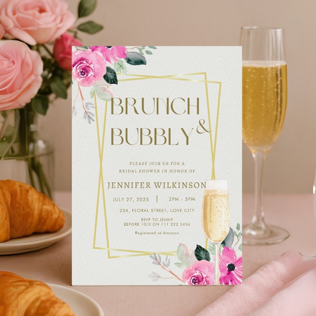 Invitation Brunch rose et or & Fête des mariées Bubbly (Pink and Gold Brunch Bubbly Bridal Shower Invitation)