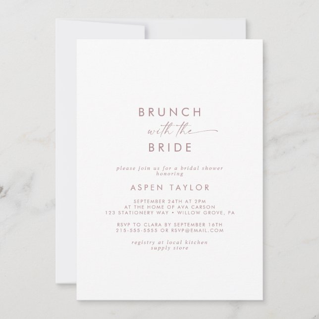 Invitation Brunch Rose Gold Script moderne avec la mariée (Devant)
