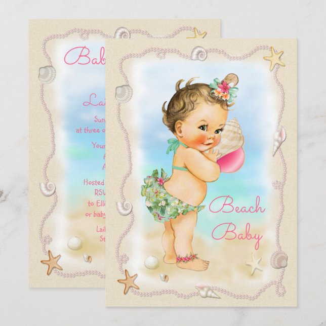 Invitation Brunette Beach Bébé Conch Baby shower Shell (Devant / Derrière)
