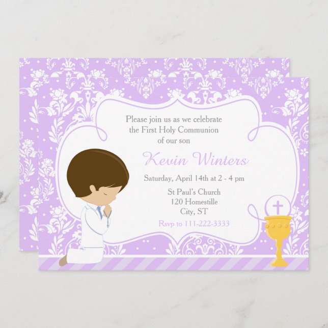 Invitation Brunette Boy First Communion Damask (Devant / Derrière)