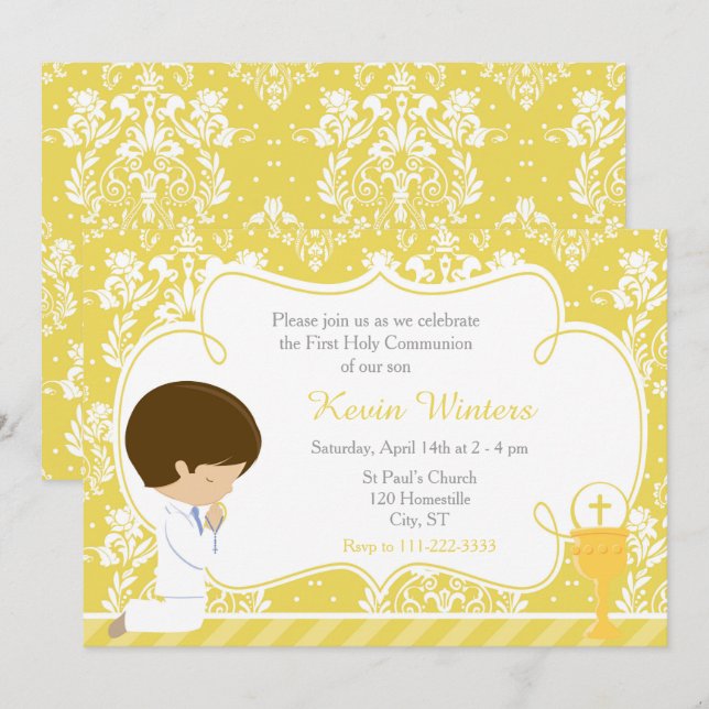 Invitation Brunette Boy First Communion Damask (Devant / Derrière)