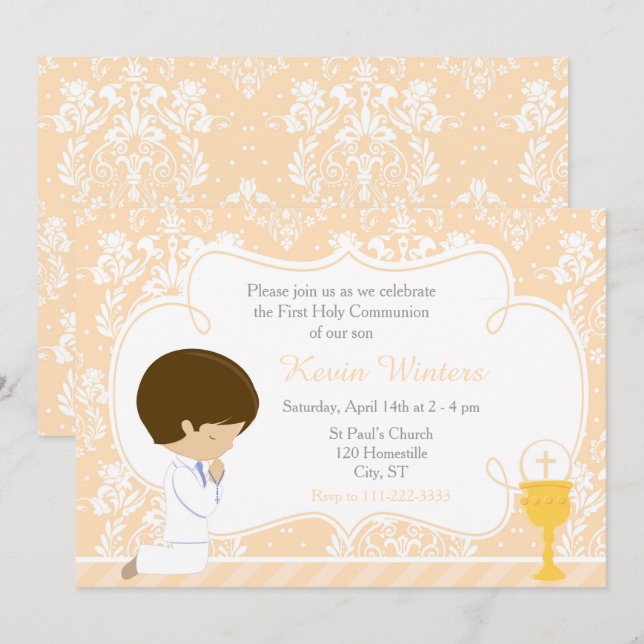 Invitation Brunette Boy First Communion Damask (Devant / Derrière)