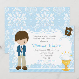 Invitation Brunette Boy First Communion Damask