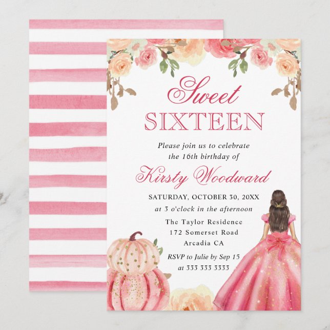 Invitation Brunette en Robe Rose Floral Citrouille Sweet 16 (Devant / Derrière)