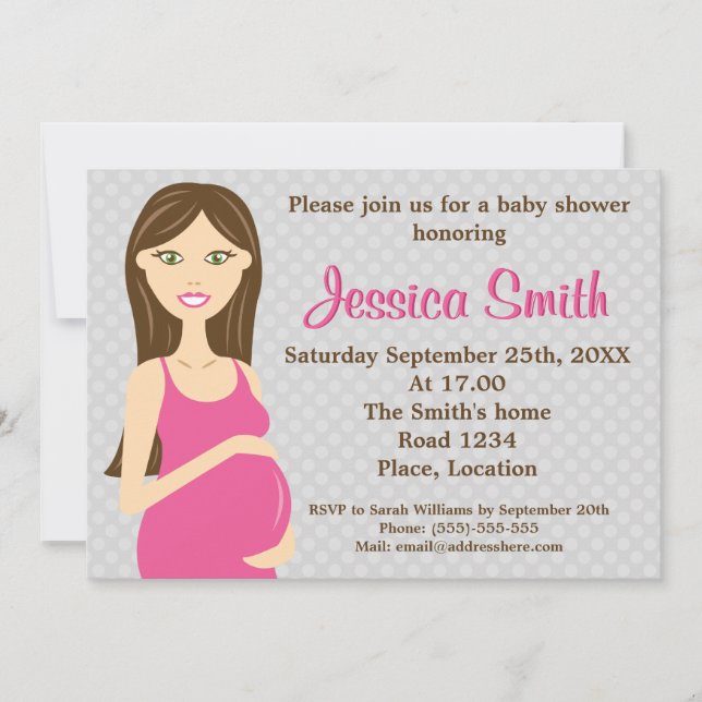 Invitation Brunette Femme Enceinte En Robe Rose Baby shower (Devant)