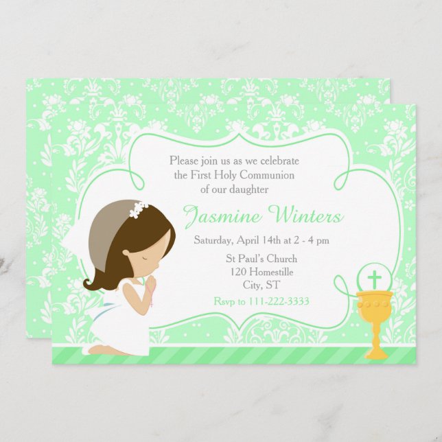 Invitation Brunette Girl First Communion Damask (Devant / Derrière)