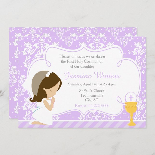 Invitation Brunette Girl First Communion Damask (Devant / Derrière)