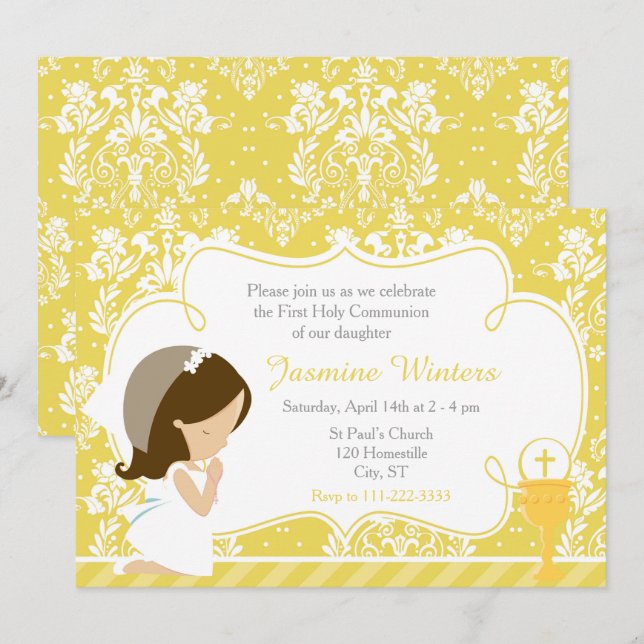 Invitation Brunette Girl First Communion Gold Damask (Devant / Derrière)