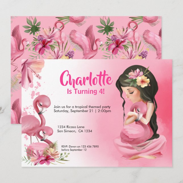 Invitation Brunette Girl Flamant rose Tropical Rose Anniversa (Devant / Derrière)