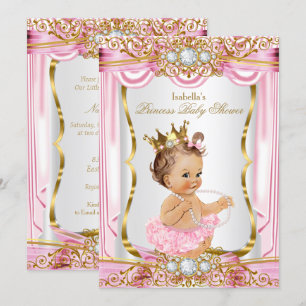 Invitation Brunette Girl Princess Baby shower Rose Silk Gold