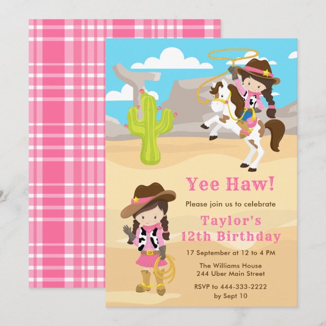 Invitation Brunette Hair Cowgirl fête d'anniversaire (Devant / Derrière)