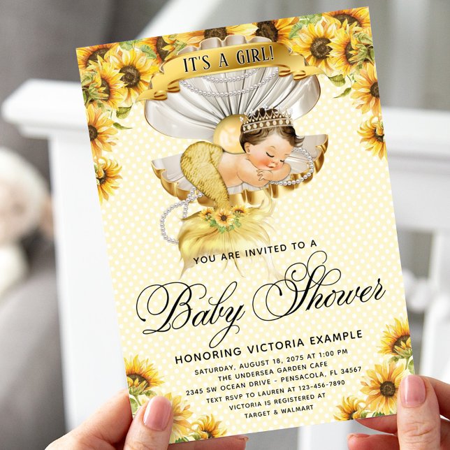 Invitation Brunette Mermaid Baby shower de tournesol Invitati (Créateur téléchargé)