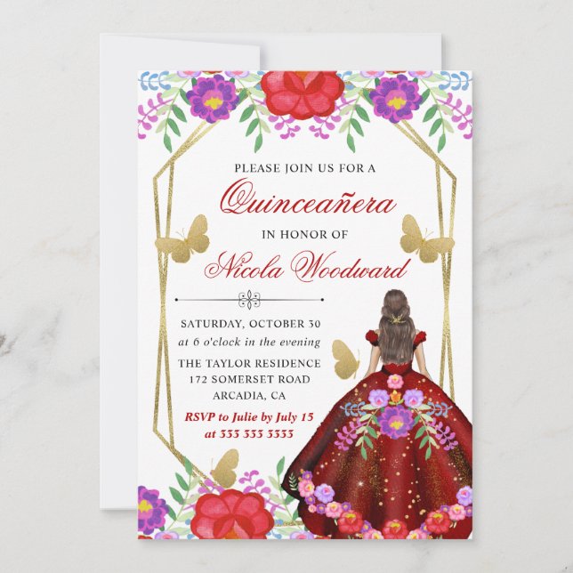 Invitation Brunette Mexicaine Robe Florale Quinceañera (Devant)