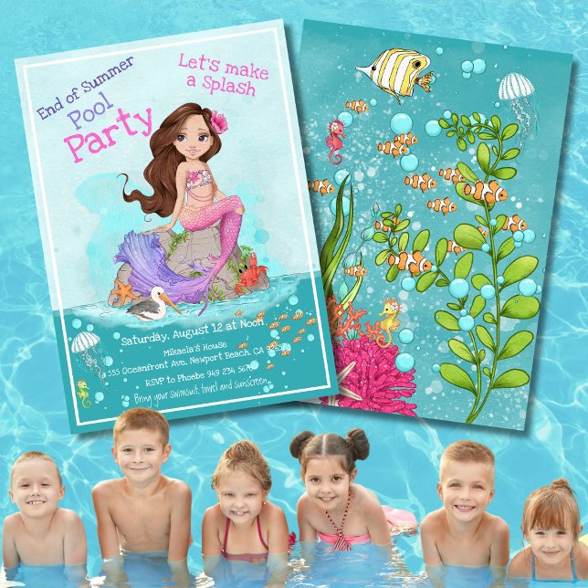 Invitation Brunette Pink Purple Sirène Summer Pool Party (Créateur téléchargé)
