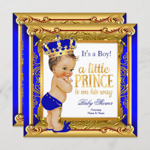 Invitation Brunette Prince Baby shower Bleu Faux Or