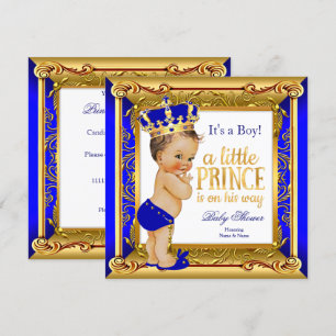 Invitation Brunette Prince Bébé Shower Bleu Faux Or