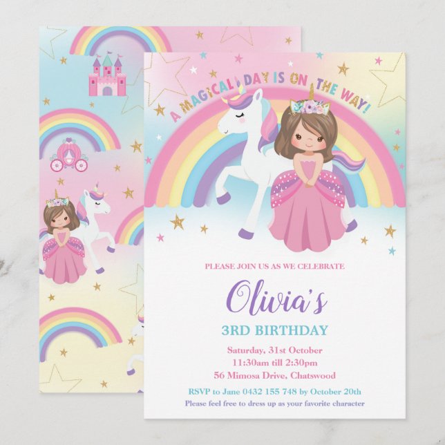 Invitation Brunette Princess Unicorne Anniversaire Party Arc- (Devant / Derrière)