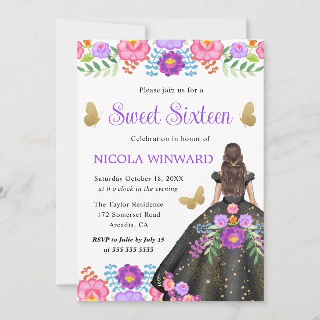 Invitation Brunette Princesse Mexicaine Robe Florale Douce 16 (Devant)