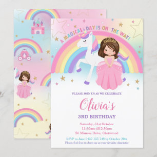 Invitation Brunette Princesse Unicorn Anniversaire      Rainb