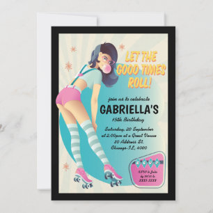 Invitation Brunette Retro Roller Ski fête d'anniversaire