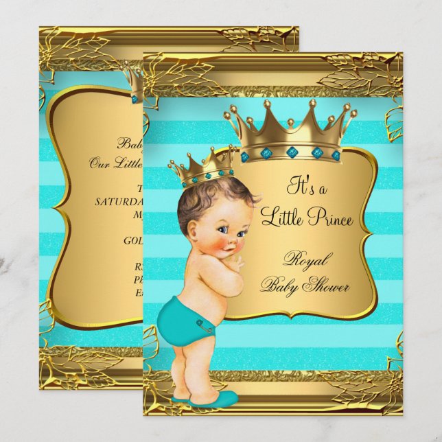 Invitation Brunette Turquoise Baby shower Prince Baby Boy (Devant / Derrière)