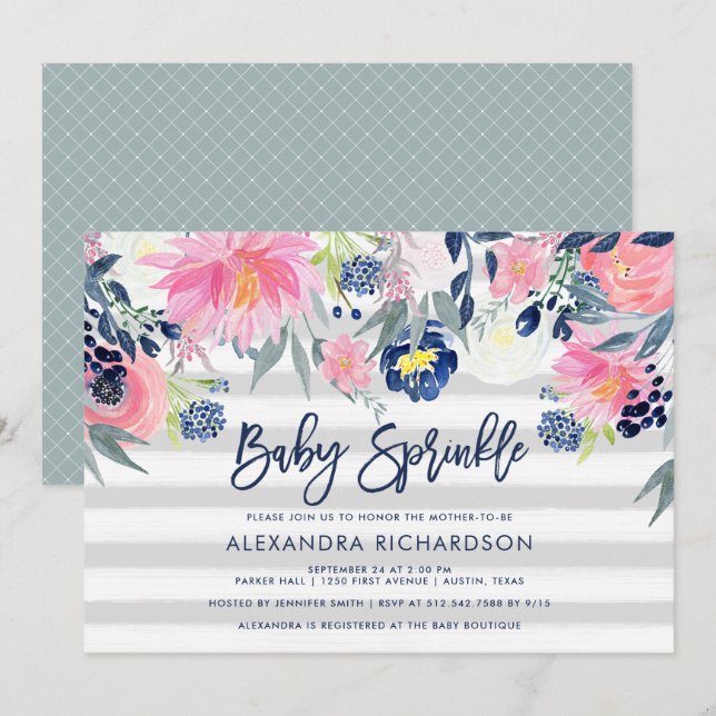 Invitation Brush moderne et marine Floral Baby Sprinkel (Devant / Derrière)