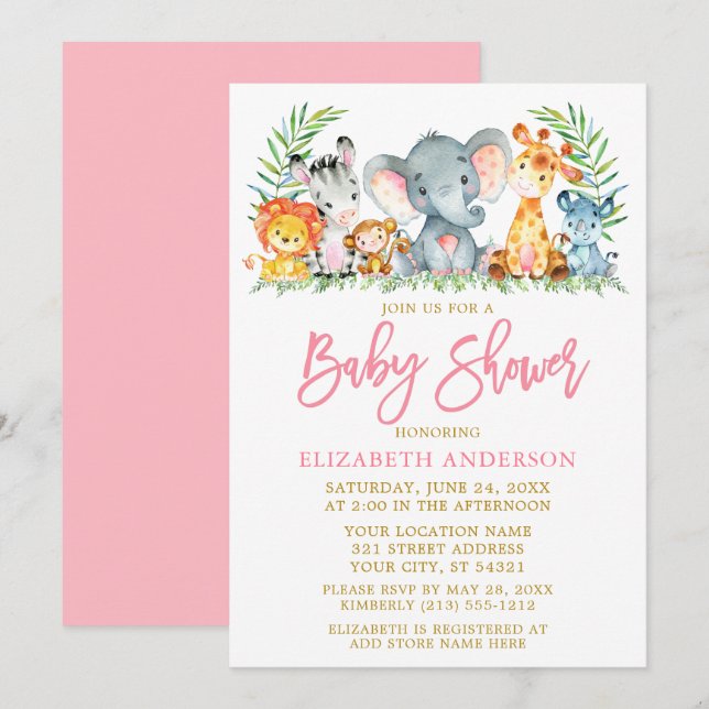 Invitation Brush Script Safari Animaux Baby shower or rose (Devant / Derrière)