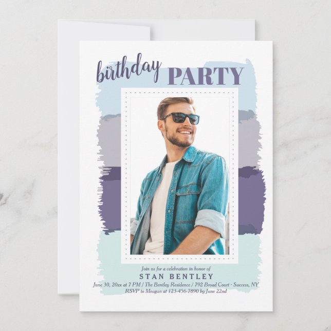 Invitation Brush Strokes Blue Photo Anniversaire Fête Invitat (Devant)