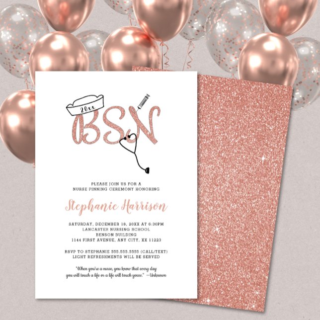 Invitation BSN pinning infirmière graduation rose or invitati (Créateur téléchargé)