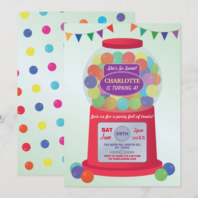 Invitation Bubblegum Machine Anniversaire Sweets Traitements  (Devant / Derrière)