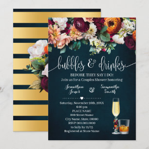 Invitation Bubbles & Boissons Couples Douche Fleurs Vins Bleu