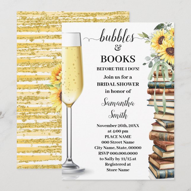 Invitation Bubbles & Book Before I do Sunflower Bridal Shower (Devant / Derrière)
