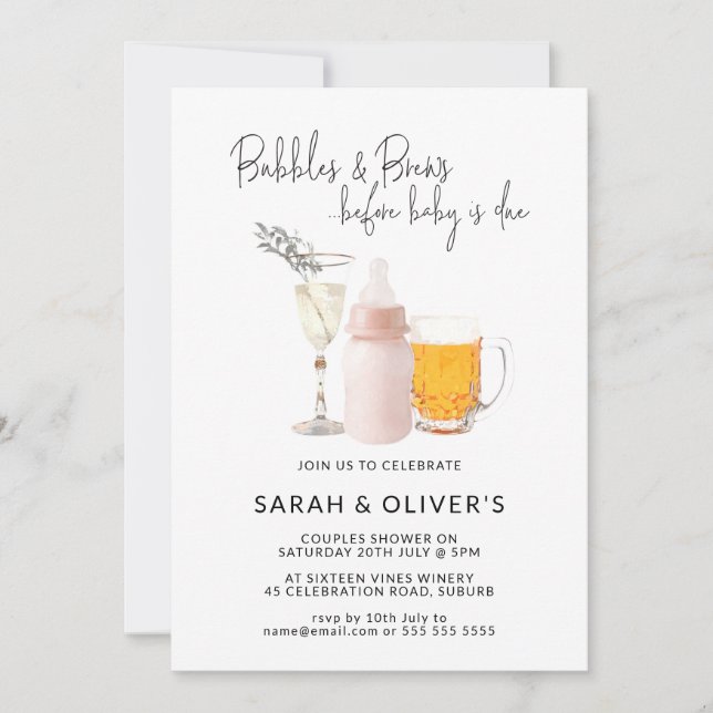 Invitation Bubbles & Brews Avant Bébé Couples Roses Douche (Devant)