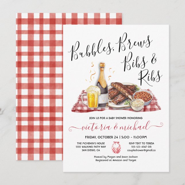 Invitation Bubbles Brews Bibs and Ribs Baby shower (Devant / Derrière)