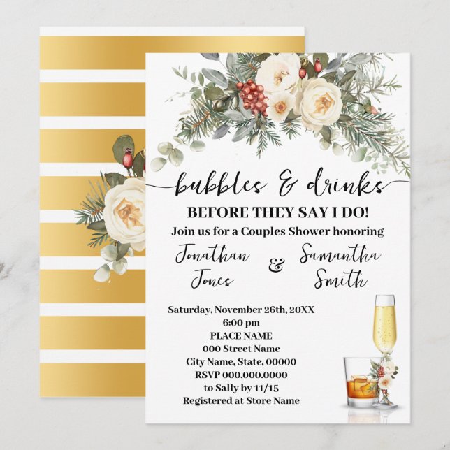 Invitation Bubbles & Drinks Bridal Shower Winter Floral (Devant / Derrière)