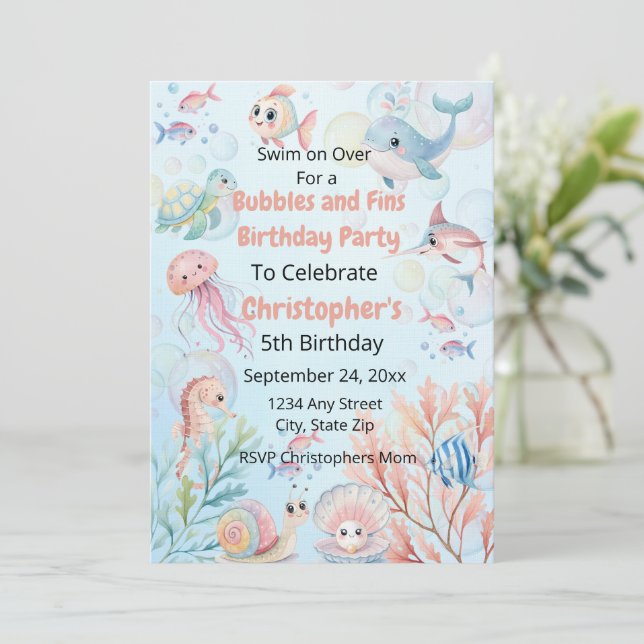Invitation Bubbles & Fins Children's Birthday  (Debout devant)