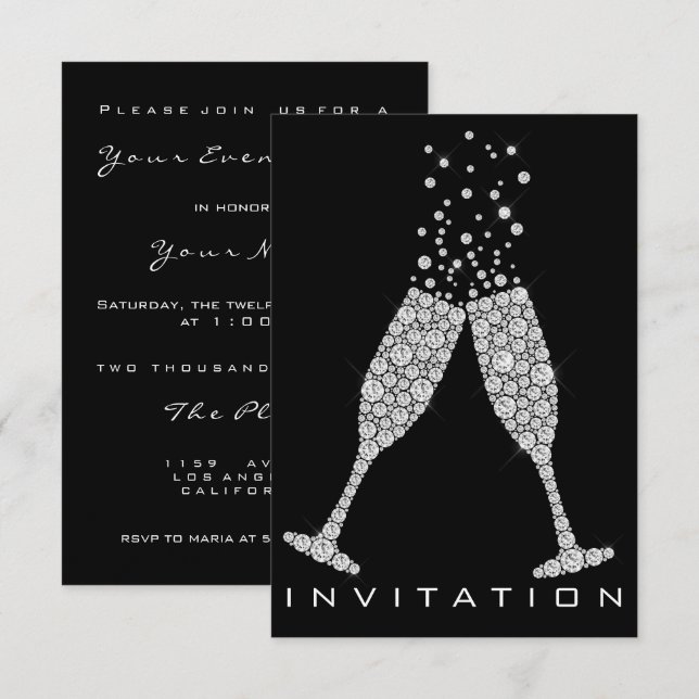 Invitation Bubbles Lunettes Champagne Cocktail Cristaux Gris (Devant / Derrière)