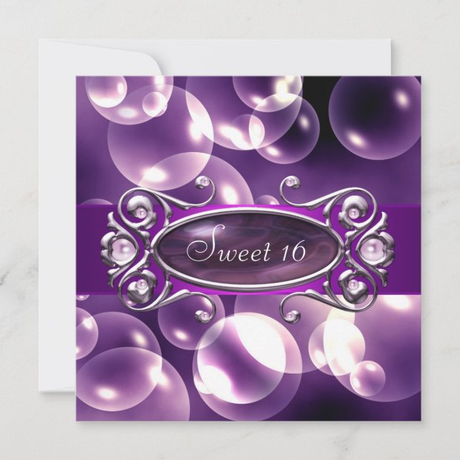 Invitation Bubbles pourpres Purple Sweet 16 Partie (Devant)