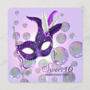 Invitation Bubbles violets Sweet sixteen violet mascarade