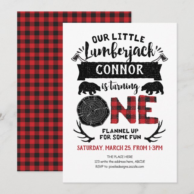 Invitation bûcheron, Plaid Buffalo, Forêt, 1er anniversaire (Devant / Derrière)