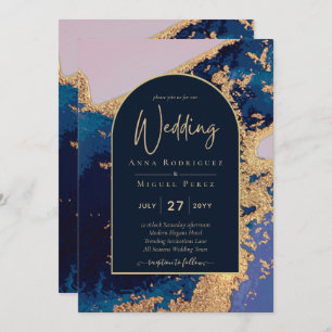 Invitation Budget Agate Blue Gold Wedding Inviter QR Code RSV