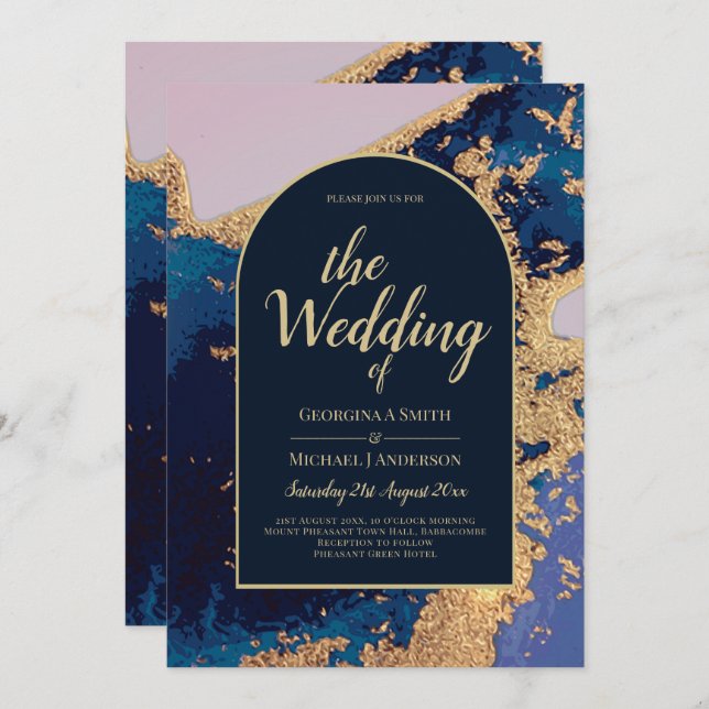Invitation Budget Agate Blue Gold Wedding Inviter QR Code RSV (Devant / Derrière)