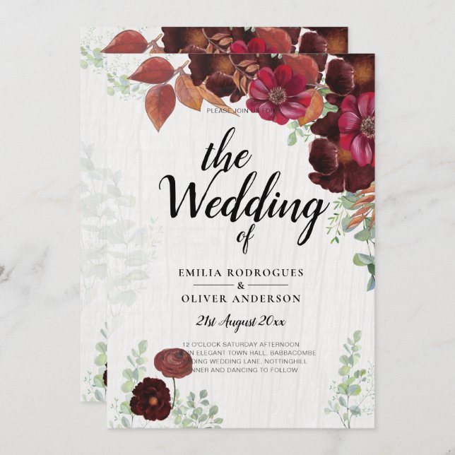 Invitation BUDGET All-in1 Rustique Automne Maroon Bourgogne M (Devant / Derrière)