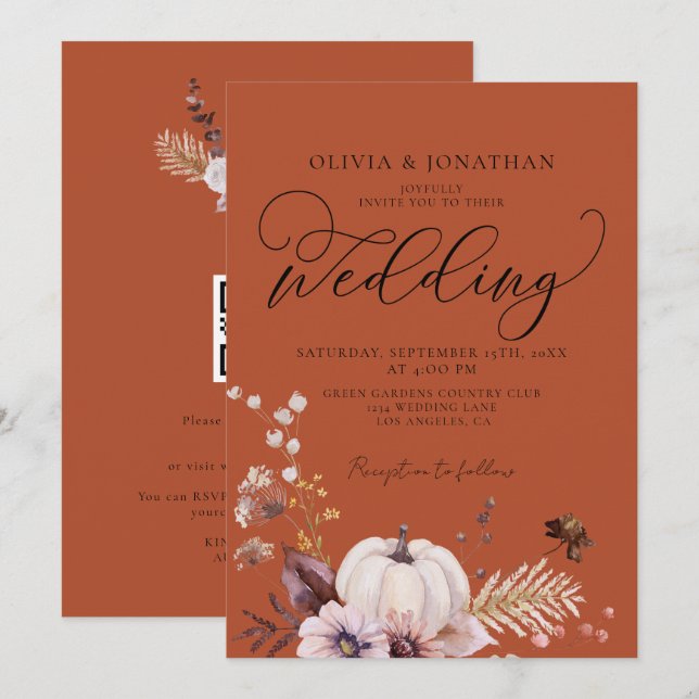 Invitation Budget Automne Floral Terracotta QR Code RSVP Mari (Devant / Derrière)