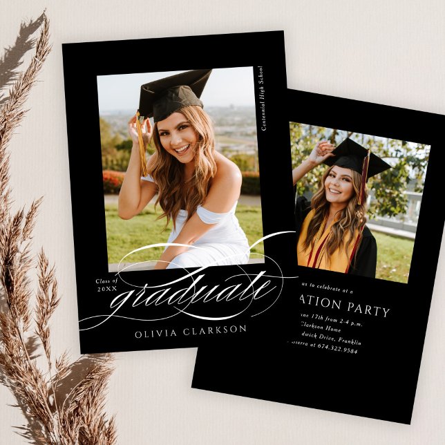 Invitation Budget Black Elegant Script Photo Graduation Party (Créateur téléchargé)