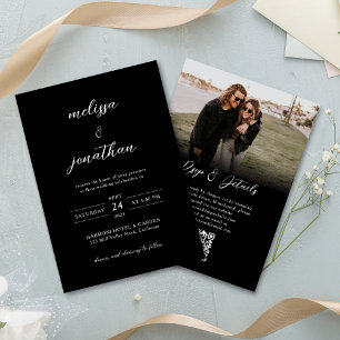 Invitation Budget Black Modern Photo Script Code QR Mariage