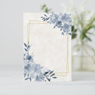 Invitation Budget blanc mariage à cadre bleu fleuri et or